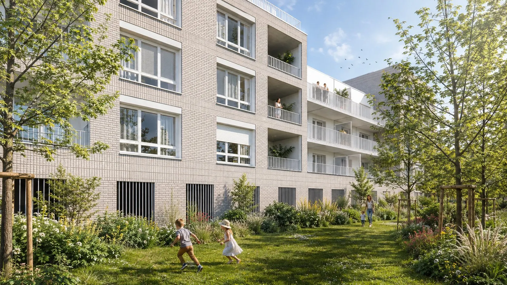 Cœur d'îlot paysager de la résidence Épure, enfants jouant au pied des balcons