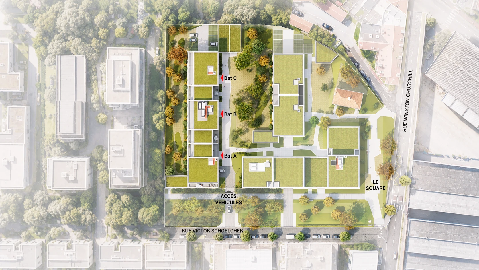 Plan masse de la résidence Épure : trois bâtiments A, B, C autour d'un parc, square en bord de rue